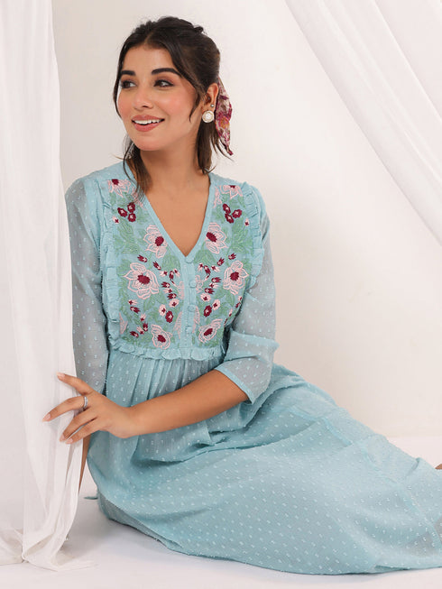 Janasya Women's Light Blue Dobby Chiffon Embroidered A-line Dress